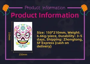 Product details for Halloween Day of the Dead face tattoo, 150x210mm, 3-5 days durability.