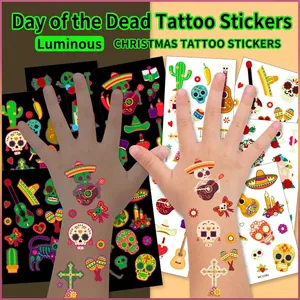 Luminous Day Of The Dead Temporary Tattoo Stickers Waterproof Cartoon Skull Guitar Pattern Glow In The Dark Party Favor Body Art For Kids