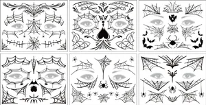 Detailed view of Halloween face tattoo stickers with spider webs and bat designs