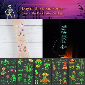 Luminous Day of the Dead skeleton temporary tattoos with waterproof festive patterns