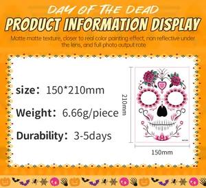 Product information for Day of the Dead face tattoo stickers with dimensions and weight info.