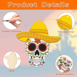 Detailed view of a wooden skull pendant featuring Mexico Day of the Dead festival decorations
