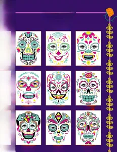 Collection of 9 colorful Day of the Dead sugar skull face tattoo stickers.