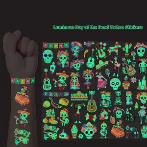 Luminous Day of the Dead Temporary Tattoo Stickers Glow in the Dark Sugar Skull Skeleton Animals Kids Party Tattoos Decor