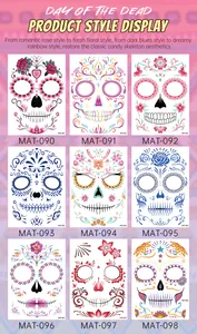 Variety of Day of the Dead sugar skull face tattoo stickers with floral and rose designs