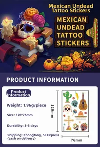Product specifications and close-up dimensions for Mexican Day of the Dead tattoo stickers.