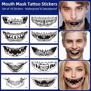Halloween Scary Mouth Face Tattoo Stickers Waterproof Day Of The Dead Skull Teeth Stitched Scars Makeup Decals For Costume Party