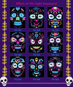 UV reactive fluorescent skull face tattoo stickers for Day of the Dead Halloween party makeup