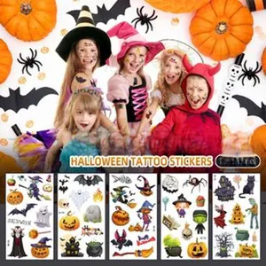 Detailed view of various Halloween temporary tattoo sticker sheets for kids' party