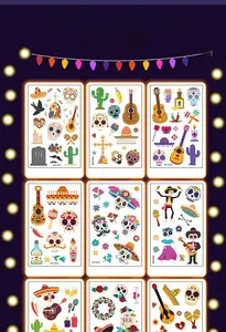 Mexican Day of the Dead temporary tattoo stickers with colorful skull and guitar motifs.