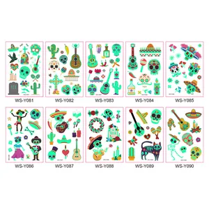 Set of 10 luminous Day of the Dead temporary tattoo stickers with colorful cartoon designs