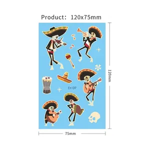 Day of the Dead temporary tattoo stickers with luminous skeleton musicians 120x75mm