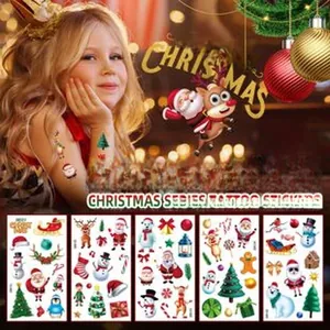 Detail of Christmas theme temporary tattoo stickers for children featuring Santa and reindeer
