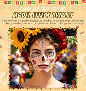 Close-up display of Day of the Dead face tattoo effect on model with festive flowers.