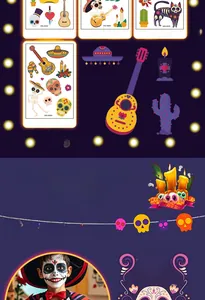Close-up detail of Day of the Dead tattoo stickers for kids with colorful skull designs.