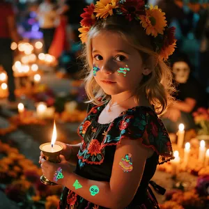 Luminous Day of the Dead temporary tattoos for kids with colorful skulls and animals