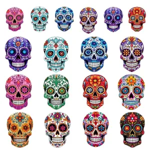 Set of 16 colorful Mexican Day of the Dead wooden skull pendants for party decoration