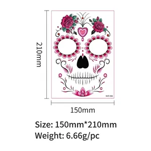 Day of the Dead Halloween floral skull face tattoo sticker sheet, 150x210mm size