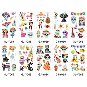 Luminous Day of the Dead temporary tattoo stickers with colorful sugar skull designs