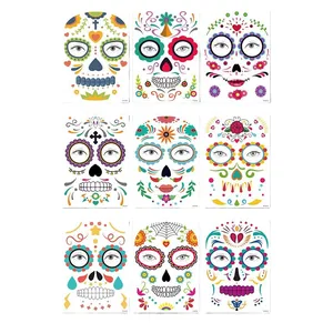 Set of 9 colorful Day of the Dead sugar skull temporary face tattoo stickers for Halloween parties