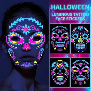 Day Of The Dead Halloween Fluorescent Temporary Face Tattoos Skull Floral Waterproof Disposable Face Stickers For Party Makeup