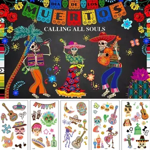 Mexican Day Of The Dead Kids Temporary Tattoos Cartoon Skull Guitar Pumpkin Ghost Spider Water Transfer Sticker For Halloween Christmas Party Favors