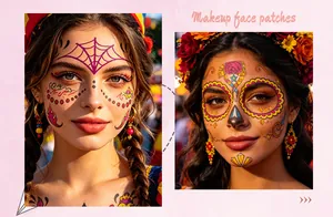 Detailed macro view of colorful sugar skull face tattoos applied on two female models.