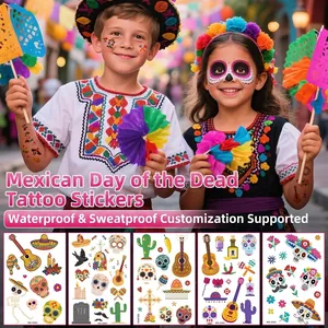 Kids Halloween Day of the Dead Temporary Tattoos Cartoon Sugar Skull Sombrero Guitar Waterproof Water Transfer Sticker