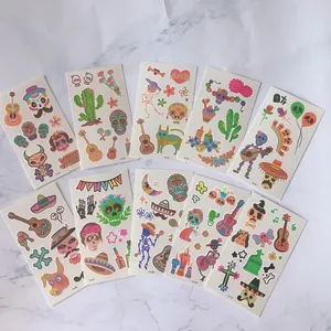 Set of Mexican Day of the Dead temporary tattoos with colorful skulls, guitars and cacti