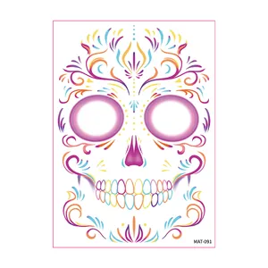 Colorful floral sugar skull face tattoo sticker for Day of the Dead and Halloween cosplay.