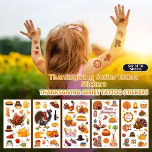 Set of 10 Thanksgiving temporary tattoo stickers for kids with turkeys and pumpkins