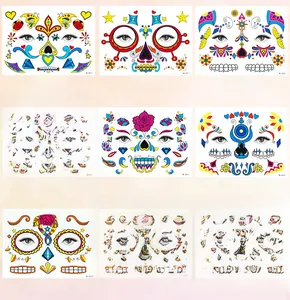 Details of colorful waterproof sugar skull face tattoo stickers for Day of the Dead.