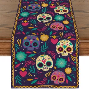 Vibrant Mexican Day of the Dead table runner featuring sugar skull and floral patterns