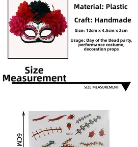 Day of the Dead floral half mask and horror wound tattoo stickers for Halloween parties