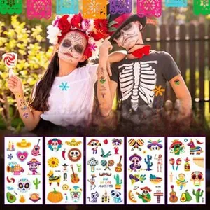 Detailed view of Mexican Day of the Dead temporary tattoos featuring skulls for kids