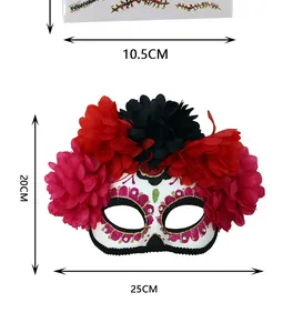Detail view of Day of the Dead floral mask with dimensions 25x20cm and wound tattoo stickers.