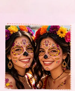 Detail showing vibrant Day of the Dead face tattoo stickers with colorful designs
