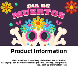 Product specifications for Day of the Dead temporary tattoo stickers with skull designs