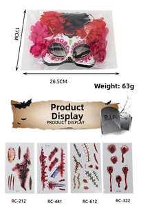 Detailed view of Halloween mask with floral decor and wound tattoo stickers
