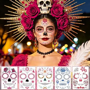 Matte Day Of The Dead Face Tattoo Sticker Halloween Sugar Skull Rose Pattern Waterproof Cosplay Party Makeup Decoration