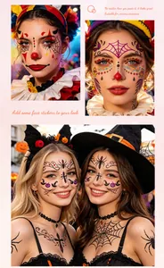 Close-up of Halloween face stickers with colorful skull and spider web designs