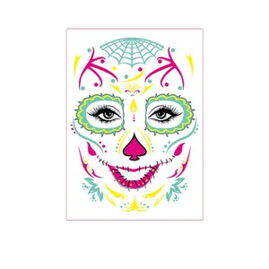 Fluorescent Day of the Dead Sugar Skull face tattoo sticker for Halloween party