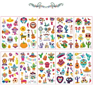 Mexican Day of the Dead temporary tattoo sticker set with skulls and colorful motifs