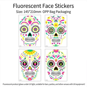 Detailed view of four neon Day of the Dead fluorescent face tattoo sticker designs.
