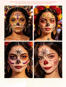 Four styles of Day of the Dead facial stickers with colorful skull and spider designs