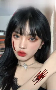 Realistic horror wound tattoo stickers displayed on model's face and arm for Halloween