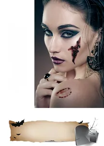 Close-up of realistic Halloween wound tattoo sticker on model's cheek and shoulder for party