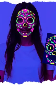 Detailed macro view of neon UV fluorescent sugar skull face tattoo stickers for Halloween parties