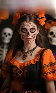 Detail van Halloween suikerschedel tijdelijke gezichtstatoeage stickers op model