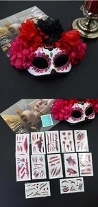 Detailed view of floral Day of the Dead mask and various realistic wound tattoo stickers